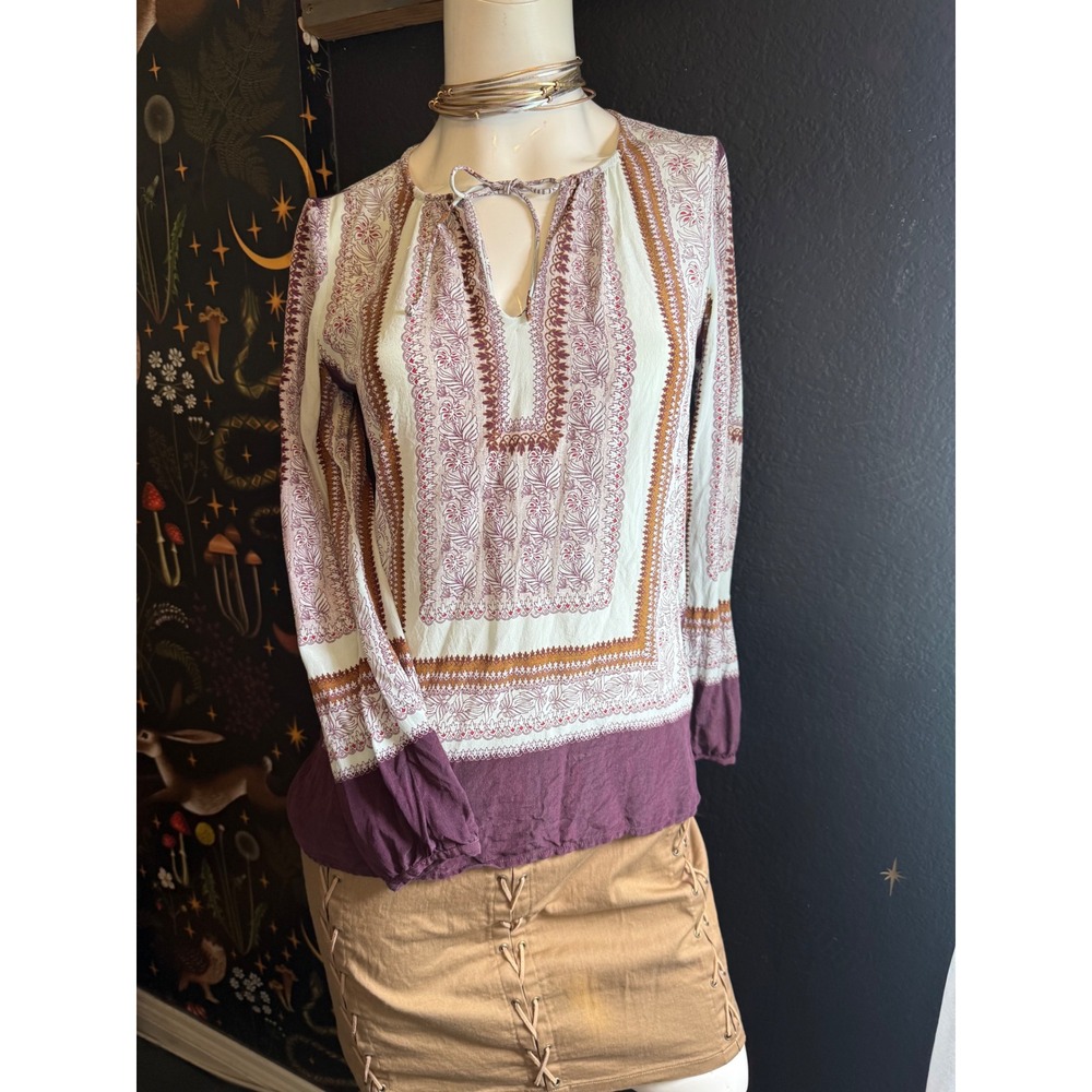Ecru 100% Silk Boho Floral Border Print Blouse Burgundy Cream Tie Neck Top